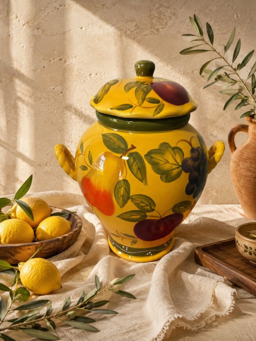 Large Casa Vero Tuscan Fruit Ceramic Urn / Cookie Jar – 13” Hand Painted Mediter